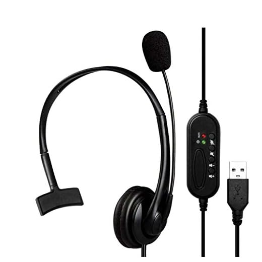 Enkelörat headset med mikrofon, USB-hörlurar med brusreducerande boom mikrofon och ljudknapp. Bäst passform för zoom, Skype, konferenssamtal, kontor och lärande