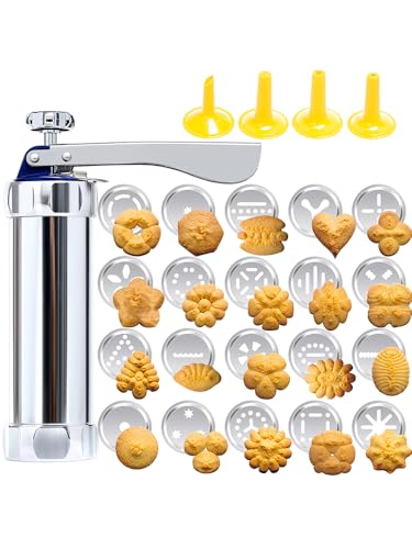 Professional Aluminum Cookie Press Set with 20 Discs & 4 Nozzles - Heavy Duty Cookie Gun for Baking...