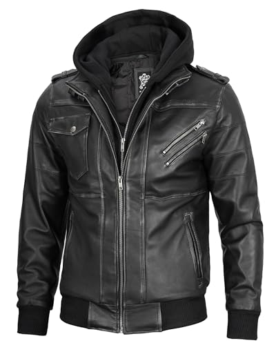 Image of Decrum Mens Leather Jacket - Detachable Hood Stylish Real Lambskin Leather Bomber Jacket Men