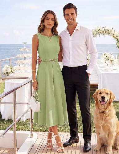 Image of ZESICA Women Summer Sleeveless Midi Dresses 2026 Elegant Boat Neck A Line Tie Waist Spring Cocktail Party Dress