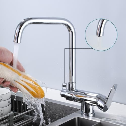 3-Wege-Küchenarmatur, herunterziehbarer Küchenmischer unter dem Fenster, drehbarer Wasserhahn, gefiltertes Trinkwasser, Küchenarmatur, 3-Wege-Mischer für Spüle, Chrom