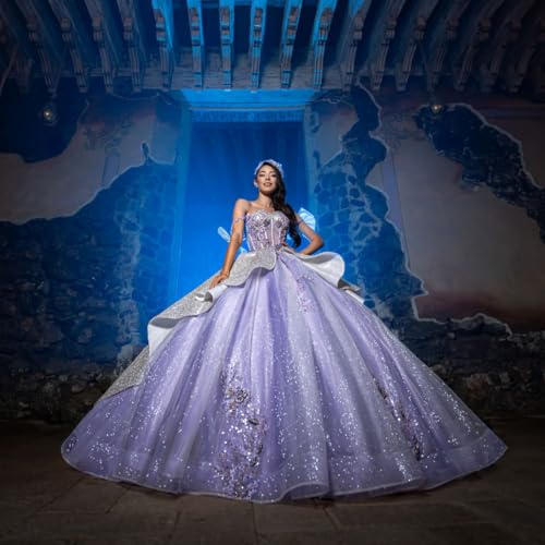 Zhangyo Sparkle Tulle Quinceanera Dresses with Bow Lace Appliques XV Dresses with Train Tulle Beaded Sweet 16 Dresses4