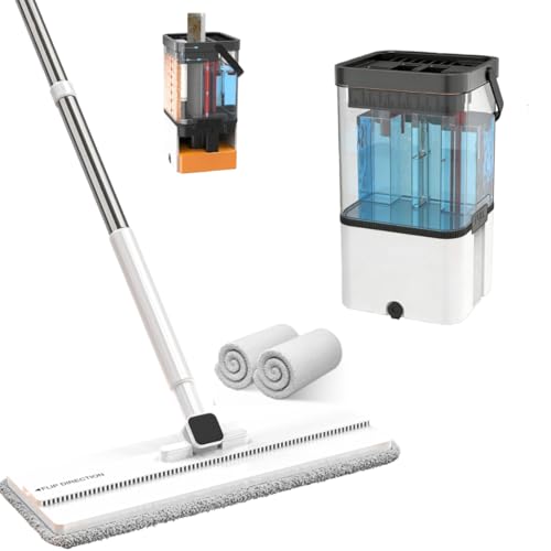 Clean and Dirty Water Separates Flat Mop and Bucket Set, 2 Reusable Microfiber Pads, Easy to Disassemble & Assemble, for Hardwood Laminate Tile Floors Cleaning