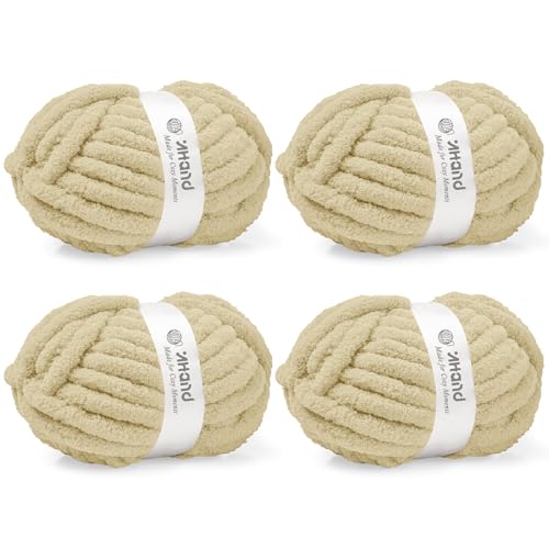 Image of Inhand Chunky Chenille Yarn for Hand Knitting, Thick Bulky Blanket Yarn for Crocheting, Soft Fluffy Yarn for Crochet Gifts & Crafts for Women /Beginners, 4 Pack (29.5 yds /8.4 oz Each), Sand Khaki