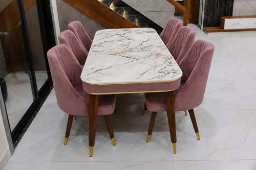 Image of WOODEN SPACE 6-Seater Wooden Dining Table Set | Nano Composite Marble Top | Solid Wood Base | Modern Dining Room Furniture with 6 Chairs (Pink Frontline)