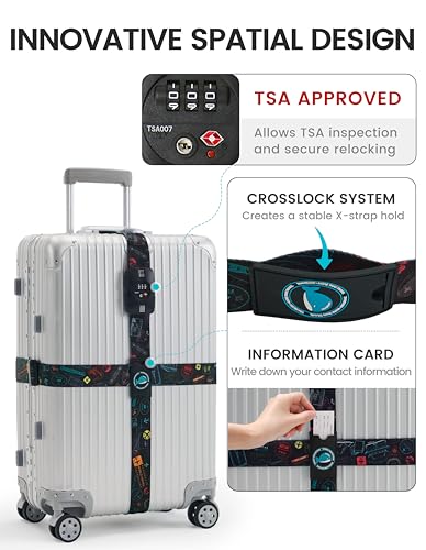 Image of Travelkin Luggage Straps for suitcases TSA Approved,Adjustable Luggage Belts with Lock Fit 18-32 inch Suitcases(World Marks-Colorful-TSA)