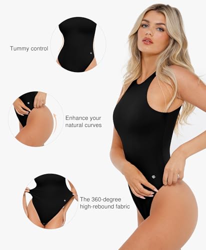 Popilush Body Suits For Womens Tummy Control Compression Halter Bodysuit Thong Cotton Tank Top3
