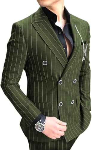 Casual Men's Suit Slim Fit 2 Piece Business Striped Wool Double Breasted Jacket Prom Tuxedos Blazer Pants