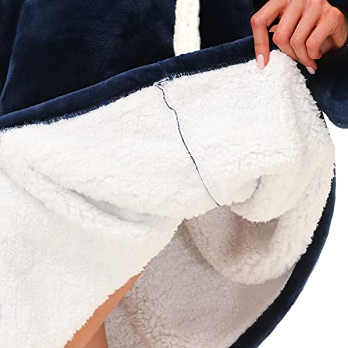 Kipswiza Oversized Wearable Blanket Hoodie - Gifts for Mother Women and Men, Cozy Soft Sherpa & Flannel Fleece Blankets Sweatshirt, Navy