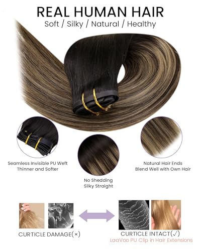 Image of LaaVoo Seamless Human Hair Clip in Extensions Ombre Black Seamless Clip in Hair Extensions Human Hair Invisible Hair Extensions Clip ins Black Ombre Brown Balayage Blonde 22 Inch 140g 7pcs
