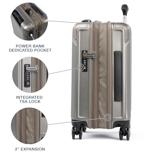 Image of Travelpro Platinum Elite Hardside Expandable Carry on Luggage, 8 Wheel Spinner, TSA Lock, Hard Shell Polycarbonate Suitcase, Metallic Sand, Compact Carry on 20-Inch