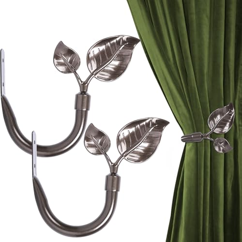 Image of Leaf Shaped Curtain Holdbacks 2pcs, Handmade Metal Curtain Side Holders for Wall, Antique Brass Curtain Tieback Hook Pull Backs for Drapes Window Home Decoration (Fluorescent Brown)