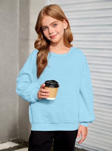 Girls Winter Oversized Waffle Knit Crewneck Sweatshirt, Puff Long Sleeve Drop Shoulder Elastic Cuffs Pullover, Ages 6-142