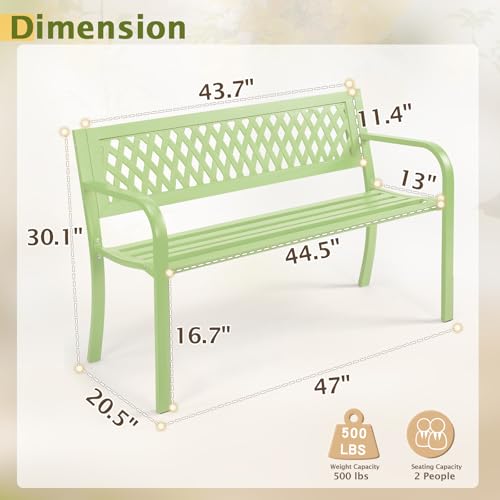 Image of VINGLI 47'' Outdoor Bench, Weather Resistant Garden Patio Bench Powder Coated Iron Frame w /PVC Mesh Backrest Slatted Seat, 2-Person Outdoor Furniture for Front Porch Entryway Park (Green)