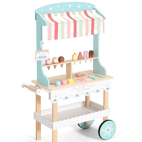 Image of PairPear Wooden Ice Cream Cart for Kids, Large Grocery Store & Pretend Play Food Truck, Toddler Play Kitchen Food Ice Cream Toy Gift for Girls Boys Age 3+