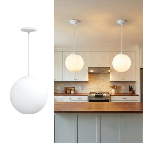 Image of KASTLITE 12 inch Acrylic Globe Pendant Light Fixture, 8W 3000K Filament LED Bulb, Ceiling Mount - Kitchen Pendant Lighting Over Island, Hanging Dining Light, Living Room Lamp - White Shade, White Base