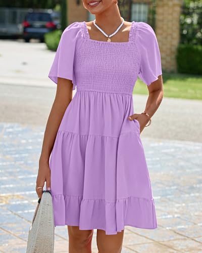 Image of BTFBM Womens Summer Smocked Mini Dress Spring Square Neck Flutter Sleeve Casual Ruffle Swing Boho Beach Dresses Pockets