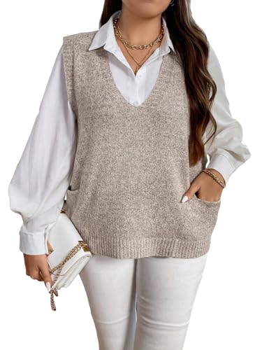 MakeMeChic Women's Plus Size Oversized Sweater Vest Top V Neck Sleeveless Pullover Knit Vest Sweater