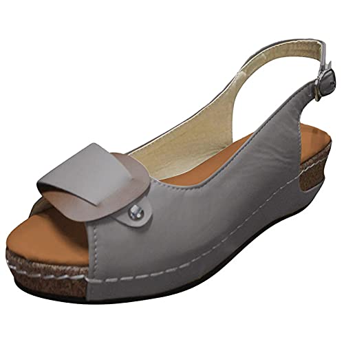 Sandals for Women Dressy Summer Womens Leather Sandals Buckle Open Toe Cute Sandals Roman Wedge Sandals Peep Toe Sandals Women Fashion Gladiator Sandals Buckle Pumps Wedding Sandals(Gray,9)