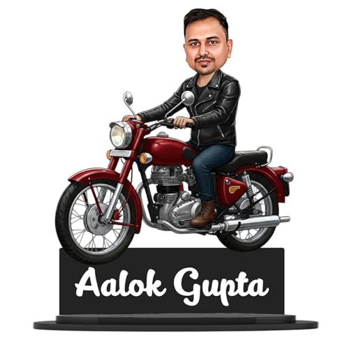 Image of Taxton Custom Bike Rider Caricature Personalized Wooden Bike Photo Frame for Men | 7.5 Inch Durable Double Wood Print with Acrylic Name Plate (Red)