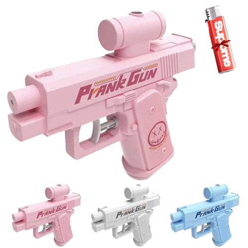 Pistola de agua de broma, spray bidireccional desde la parte delantera y trasera, con encendedor de pistola de agua de regalo, color aleatorio, divertido juguete de broma de oficina y escuela (rosa)
