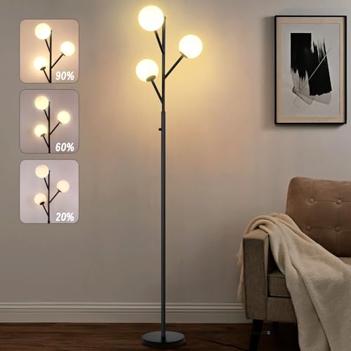 Ldeco 3-Globe Mid Century Modern Floor Lamp and Bulbs Included,70inch Tall Black Stand Lamp with Frosted Glass Shade for Living Room Office Bedroom, Study Room, Hotel, Dimmer Lighting (dimmer-Black)