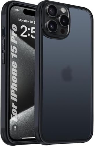 Image of SQUIF Compatible with iPhone 15 Pro Case Translucent Matte Hard Back Cover with Camera and Screen Protection (Black)