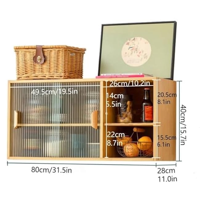 Wall-Mounted Storage Cabinet Bamboo Rack with Adjustable Shelves Tempered Glass Door Freestanding Countertop Pantry for Kitchen Multi-Purpose(Brown)
