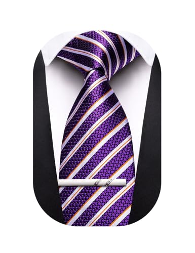 Image of Barry.Wang Silk Men Ties Formal Stripes Necktie and Tie Clip for Wedding Party Business Fashion Classic