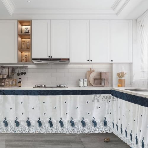 Image of Embroidered Kitchen Sink Curtain with Rod Pocket | Decorative Under Sink Cabinet Curtain | Floral & Peacock Design | Washable Fabric | Size: 150 x 71 CM (Gray, Pack of 2)