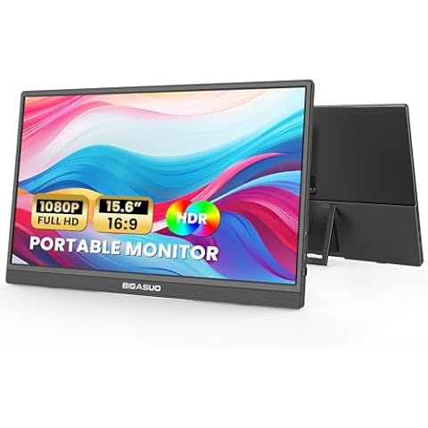 BIGASUO Portable Monitor, 15.6'' FHD 1080P USB-C HDMI Travel Laptop Monitor, HDR IPS Ultra-Slim Gaming Monitor with Kickstand & Speakers, External Monitor for Laptop PC MAC Phone PS4/5 Xbox Switch Cover