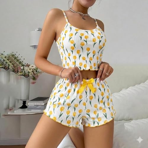 Image of SGC SWEDEN Women's Babydoll Lingerie Set with Boyshorts Panty, Cotton Blend, Multi-Colour, Free Size, 30-36 Inches, Adjustable Straps