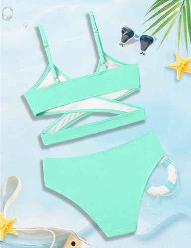 Image of Girls Swimsuit Bikini Set,Criss Cross Bathing Suits for Girl Two Piece Solid Color Girls' Swimwear for 7-16 Years