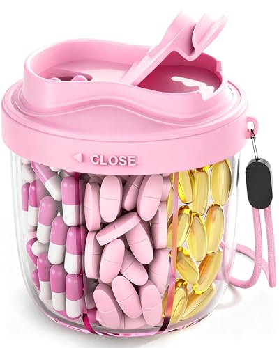 Cute Pill Organizer Pill Dispenser with 7 Large Compartments Portable Pill Bottle Box with Wide Opening for Easy Use Anti-Mix Pills Organizer for Travel Includes 20 Pcs Sticky LabelsPink