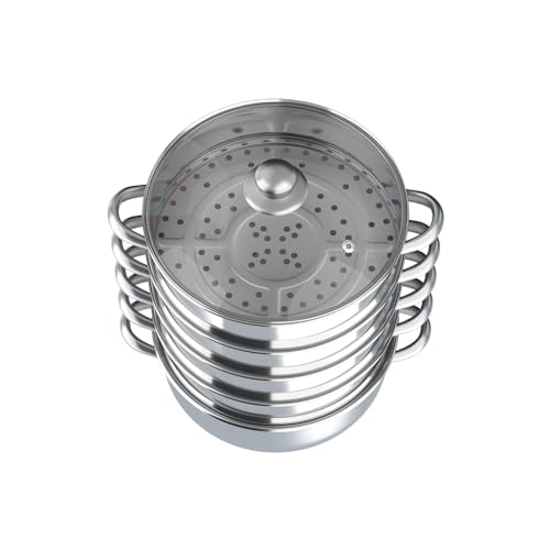 Olla de vapor de 5 capas de acero inoxidable con tapa de cristal, juego de cocción al vapor para inducción, gas y vitrocerámica, asas resistentes al calor e insertos de cocción al vapor, para cocina