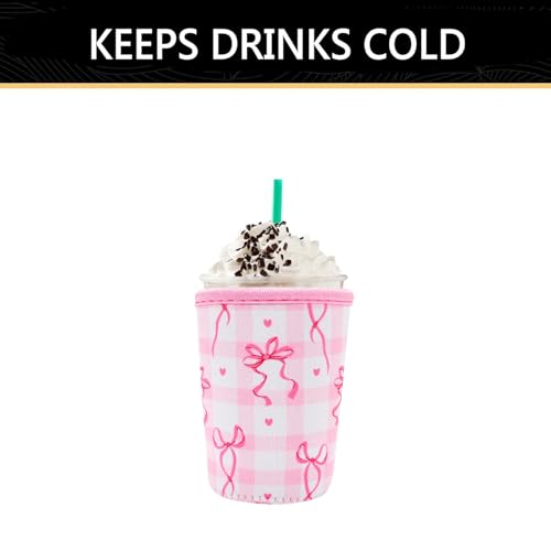 Image of YR Reusable Neoprene Insulator Sleeve for Iced Coffee Cups, 3 Pack Coffee Coolies sleeves for Iced & Hot Drinks, Cold Beverage Cooler Compatible with Starbucks Coffee and More (Cute Bows)
