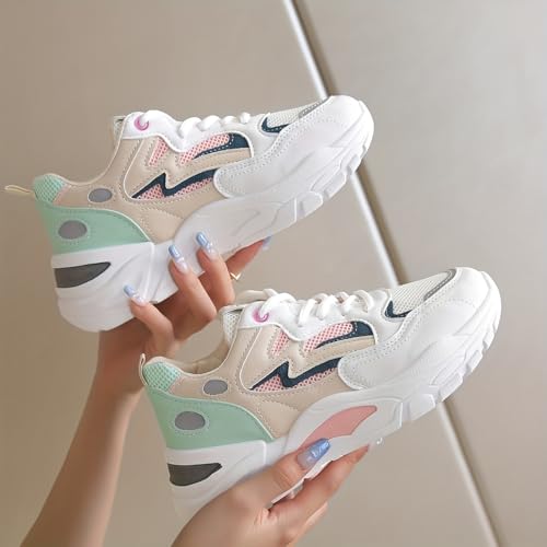 Women's Colorblock Mesh Sneakers, Lace Up Breathable Casual Sporty Trainers, Platform Low-top Running Shoes3
