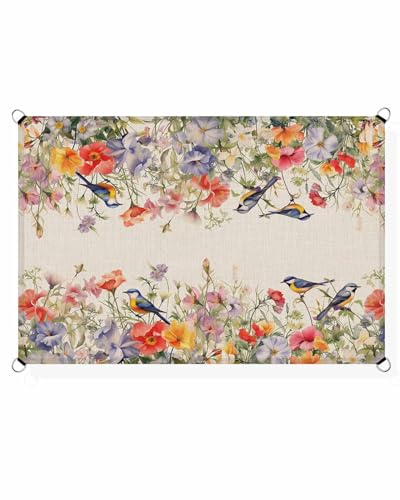 Garden Flower Birds Sun Sail Shades Rectangle Canopy,Sunlight Block Heavy Duty Curved Backyard Shade Cover,Waterproof Sun Shades for Patios Garden Outdoor,6.5'x10' Spring Summer Plant Leaves Herbs