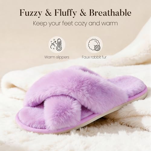 Image of Ankis Memory Foam Fuzzy Slippers for Women,Open Toe House Shoes | Faux Fur Cross Band,Indoor Outdoor Slippers, Anti-Slip, Comfy, Cozy, Fluffy, Gifts for Women, Mom Bride Bridesmaids