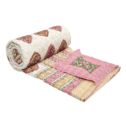 Image of BLOCKS OF INDIA Hand Block Printed Cotton King Size Quilt /Rajai | Pink Peach Rose