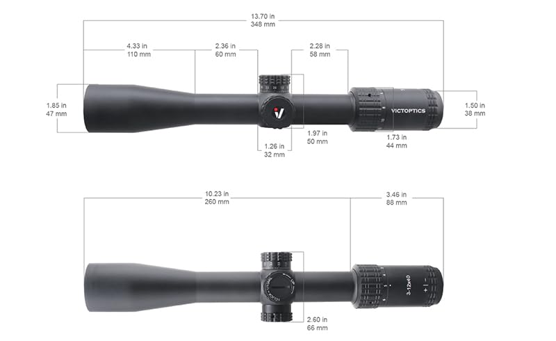 Vict Optics Visor S4 3-12x40 SFP, Retícula MDL, Ajuste 1/10 MIL, Aluminio 6061-T6, Negro. Uso Exclusivo para Airsoft. Anillas para Rail Picatinny de 20 mm