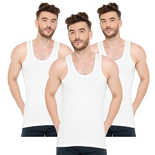 Image of Men's 100% Pure Cotton Sleeveless Round Neck Vest - Modern White Baniyan, Pack of 2 /3 /5 /10