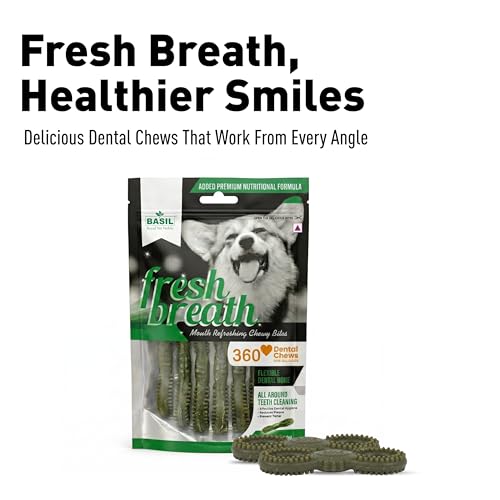 Image of Basil Fresh Breath Mouth Refreshing Chewy Bites 360 Dental Chews for All Dogs Flexible Dental Bone - 90 Grams