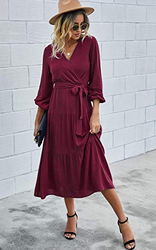Dress Depot Women V Neck Warp Sexy Long Sleeve Vintage Wine Red Maxi Dress with Belt and Snap L