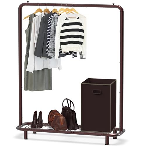 Simple Houseware Clothing Rack with Industrial Pipe and Bottom Shelves, Bronze