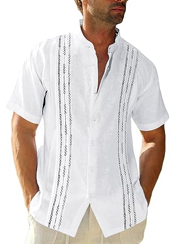 Image of Runcati Mens Short Sleeve Guayabera Shirts Linen Cotton Button Down Mexican Embroidered Cuban Wedding Shirt Summer Beach Tops