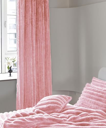 Curtains Ring Top Faux Fur Velet Fluffy Set 100% Polyester Big Cord Teddy Fleece Curtains For Living Room Soft Warm & Cozy Multi Colour Uk Curtains (66cm x 72cm) Premium Quality (Blush)