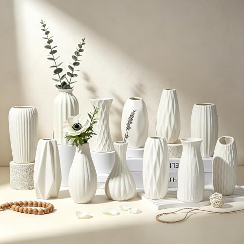 BEAHOT Ceramic Bud Vases Set of 12 - Matte Mini White Jars Bulk | Small White Ceramic Vases for Centerpieces Wedding Floral Arrangements DIY Crafts & Boho Table Decor (No Repeating Designs)