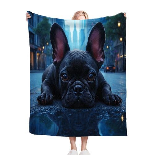 Plaid polaire 220x240 bouledogue noir pour lit 2 personnes
