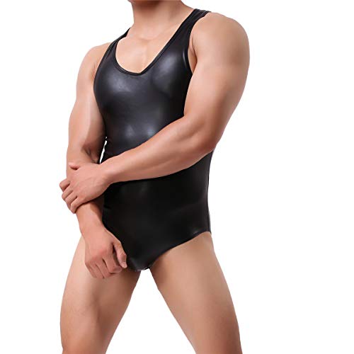 YUFEIDA Mens Suspenders Wrestling Singlet Leotard Thong Bodysuit Jumpsuit Briefs Swimwear (XL, Sports Jumpsuit(Faux Leather)) - Thumbnail 2